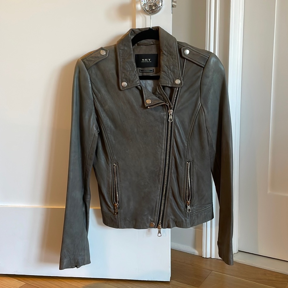 Grey leather moto jacket
